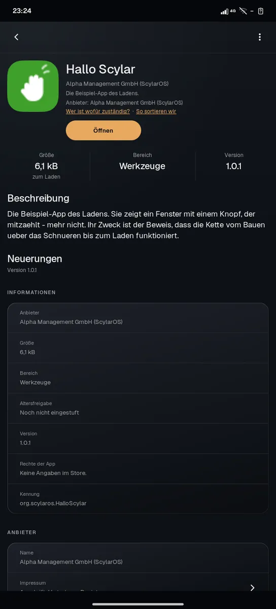 Seite einer App im Store mit Knopf zum Öffnen, Größe, Bereich und Version